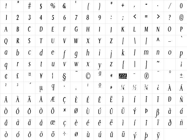 GriffonCondensed Italic Character Map