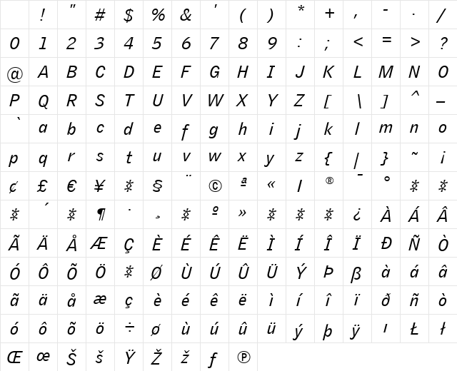 GriffithGothic Regular Italic Character Map GriffithGothic Regular Italic Character Map