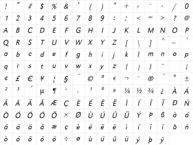 GroteskStd-Light Italic Character Map