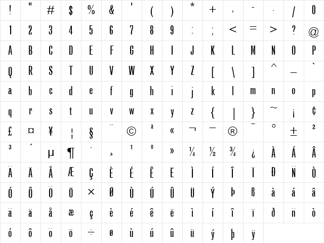 GrotesqueMT-ExtraCondensed Roman Character Map GrotesqueMT-ExtraCondensed Roman Character Map