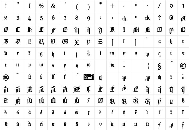 Gutenberg Textura Regular Character Map
