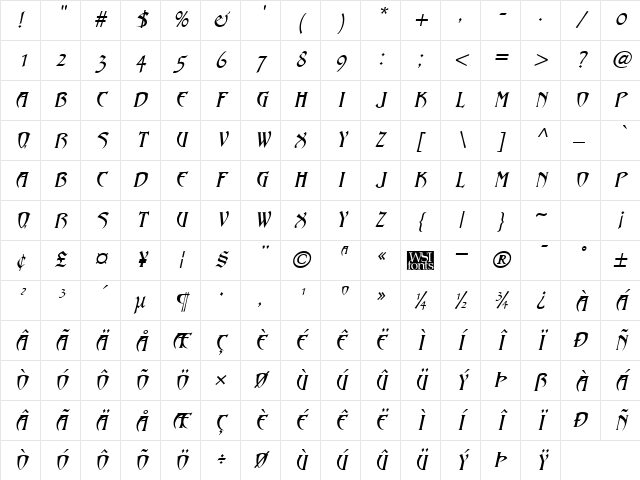 Hadjii Italic Character Map