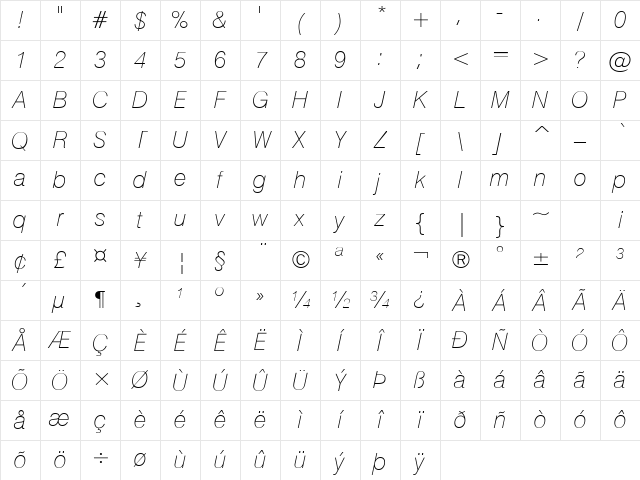 HailstenThin Italic Character Map
