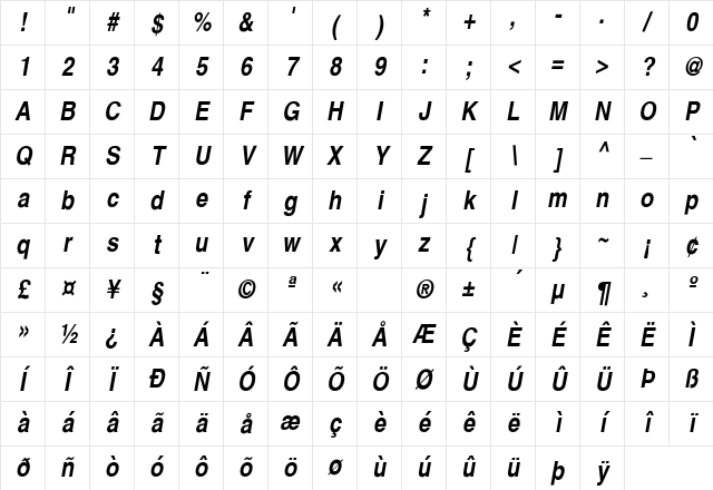 Halvorson-Thin-BoldObl Reg Regular Character Map