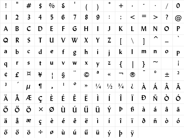 Lydian HU Bold Character Map