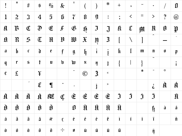 Hansa Gothic Regular Character Map Hansa Gothic Regular Character Map