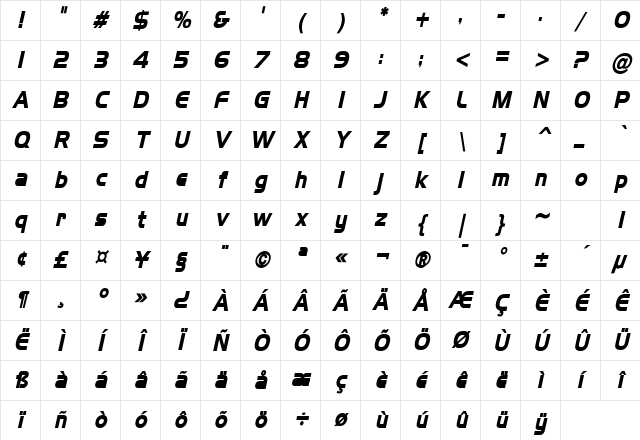 Hanzel Condensed Bold Italic Character Map