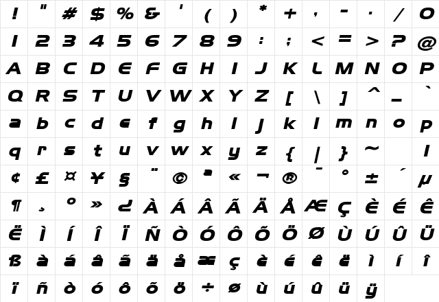 Hanzel Wide Bold Italic Character Map