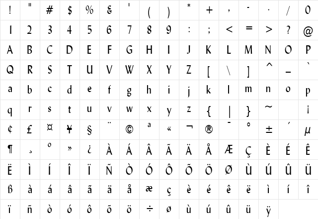Lynda Condensed Normal Character Map