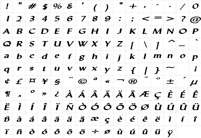 Lynda Extended Bold Italic Character Map