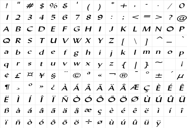 Lynda Extended Italic Character Map