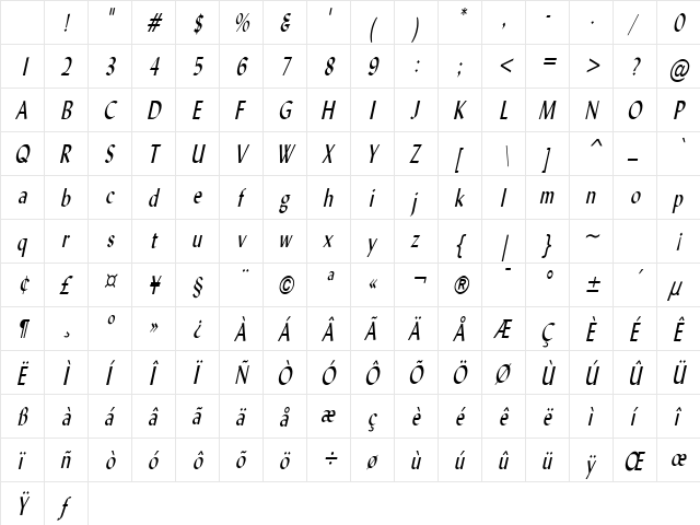 Lynda Thin Italic Character Map