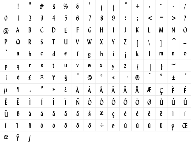 Lynda Thin Bold Character Map