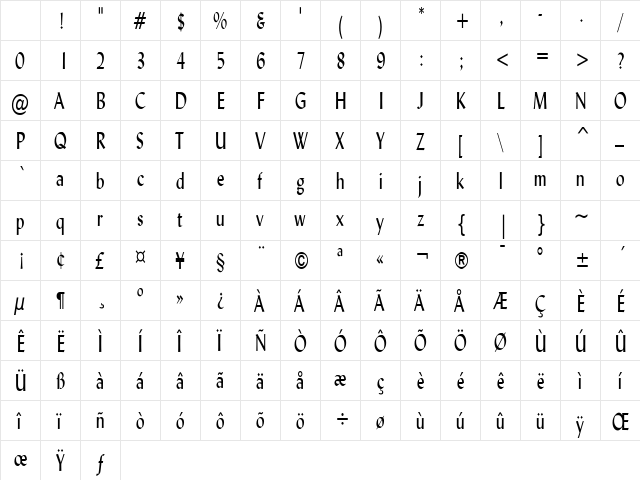 Lynda Thin Normal Character Map