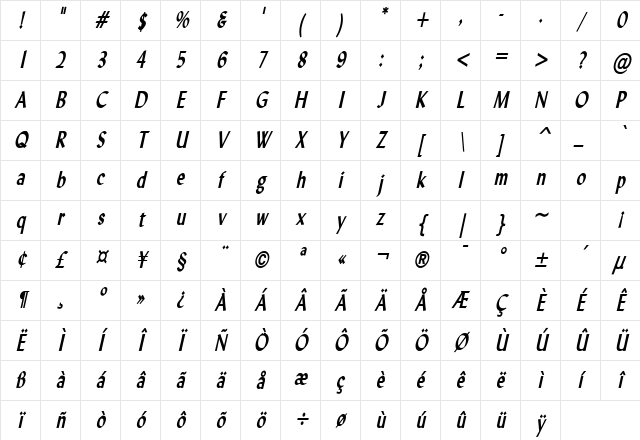 Lynda Thin Bold Italic Character Map