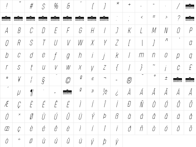 Heading Pro Trial Thin Italic Character Map