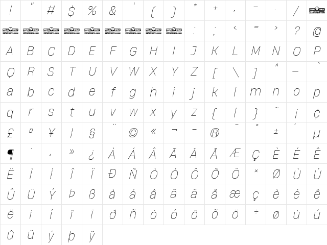 HeadingNow Trial 61 Thin Italic Character Map