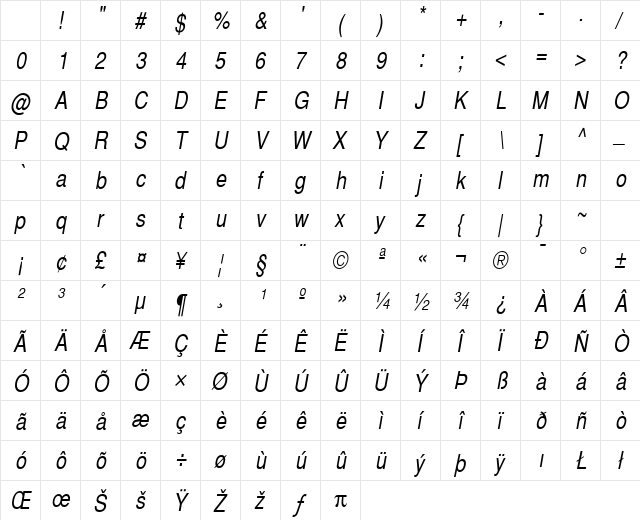 HeaveneticaNarrowSH Oblique Character Map