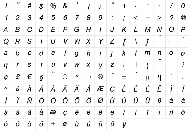 Hegel Italic Character Map