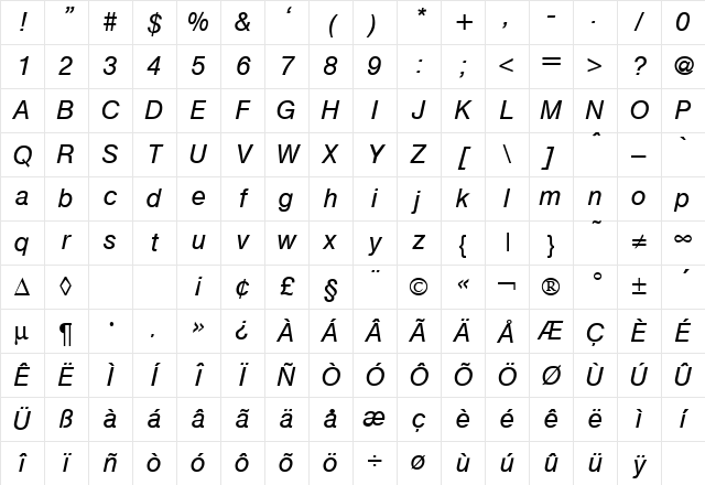 Hegel RegularItalic Character Map