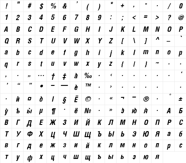 LozenCondensed Bold Italic Character Map