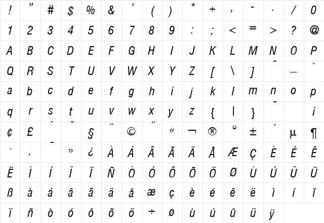 HelmetCondensed BoldItalic Character Map HelmetCondensed BoldItalic Character Map