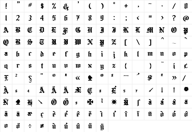 Helena Bold Bold Character Map