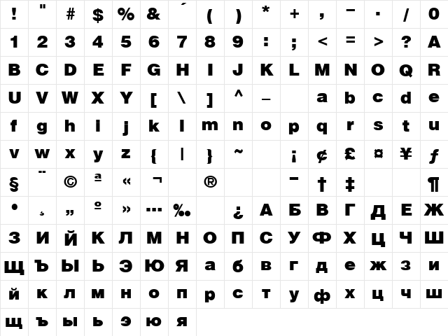 Helios-Black Regular Character Map