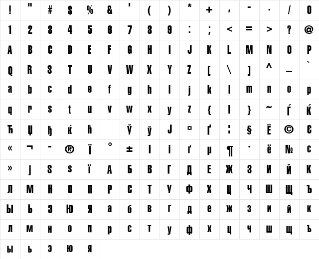 HeliosExtraCompressed Regular Character Map