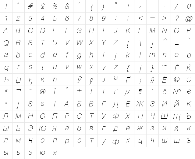 HeliosThin Regular Character Map