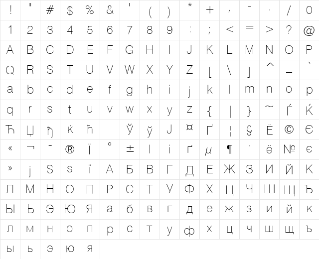 HeliosThin Regular Character Map
