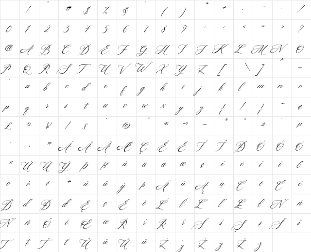 Hello Bride Script Regular Character Map
