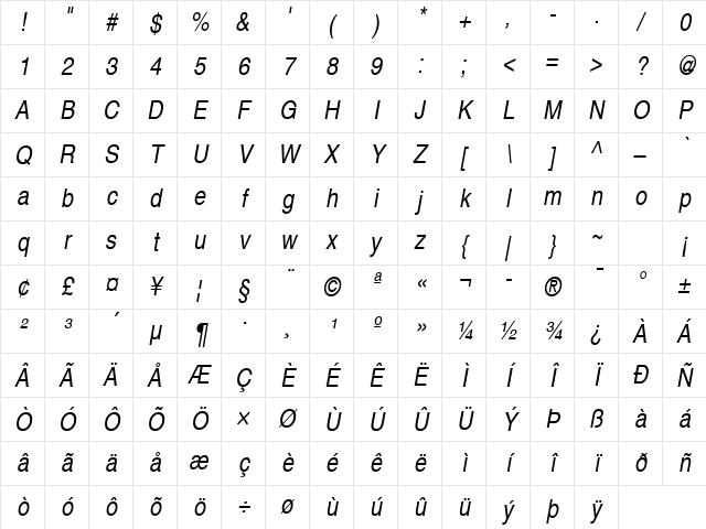Helvetica Narrow Oblique Character Map