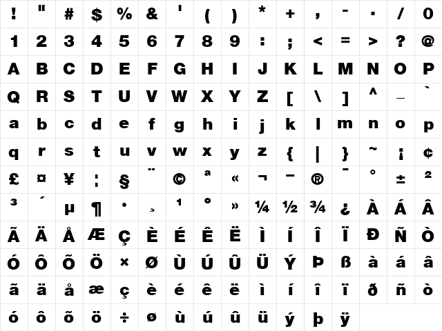 Helvetica Neue Regular Character Map