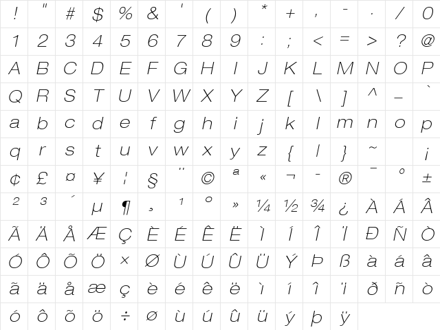 HelveticaNeue ThinExt Italic Character Map