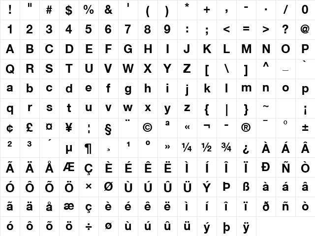 Helvetica 55 Roman Bold Character Map