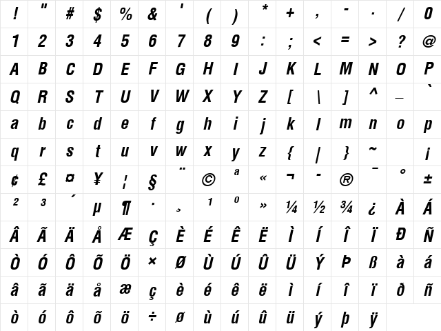 Helvetica Condensed Bold Italic Character Map