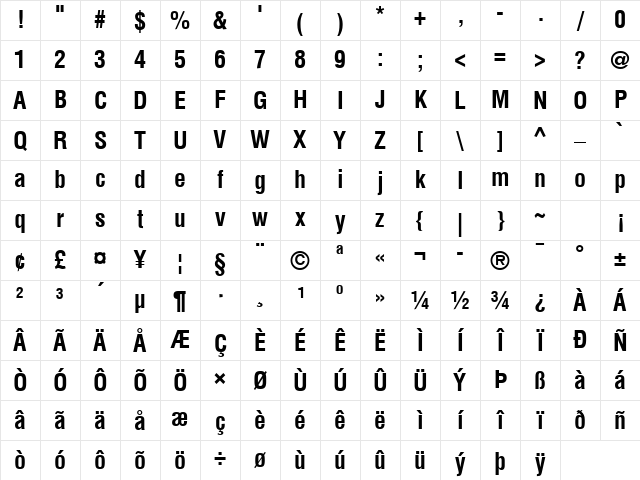 Helvetica Condensed Bold Character Map