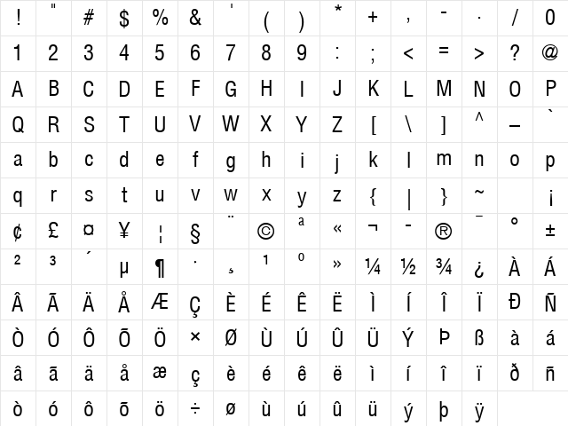 Helvetica Condensed Regular Character Map