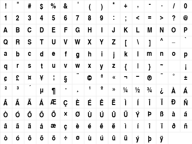 Helvetica-Narrow Bold Character Map