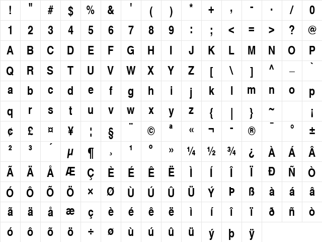 Helvetica Narrow S Bold Character Map