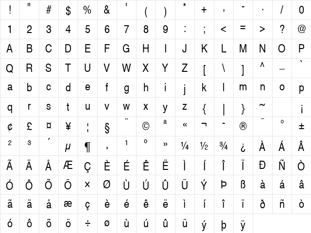 Helvetica Narrow S Regular Character Map