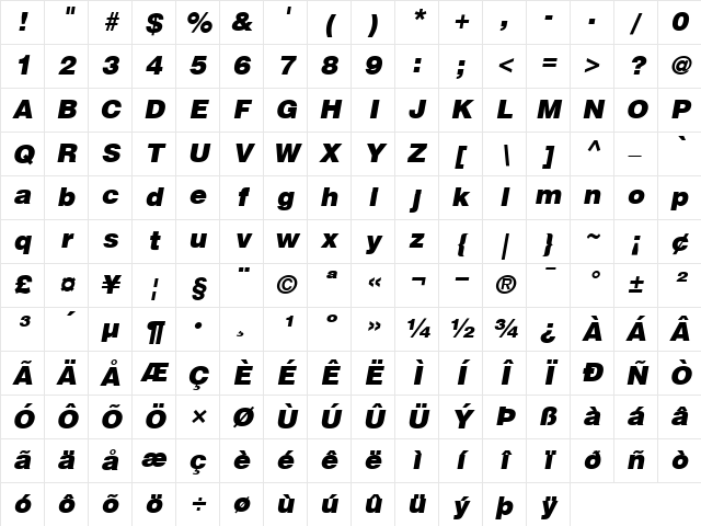Helvetica-Black BlackItalic Character Map