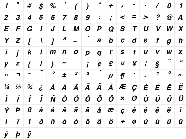 Helvetica Bold Oblique Character Map