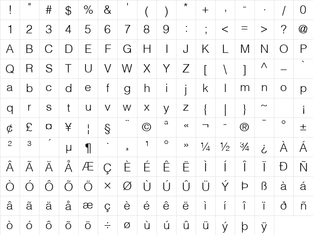 Helvetica Light Character Map Helvetica Light Character Map