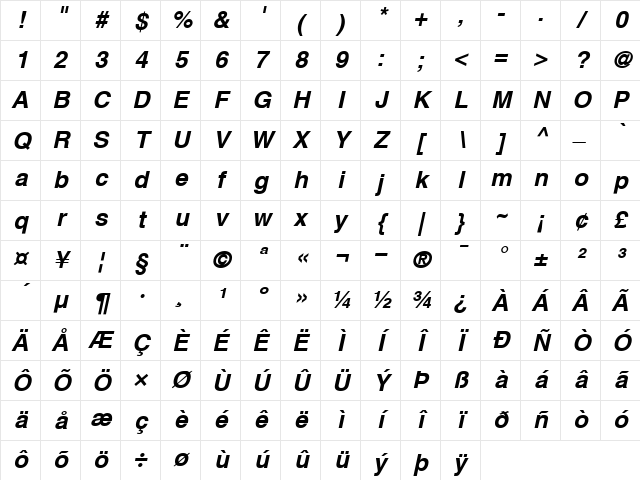 Helvetica-Narrow BoldItalic Character Map