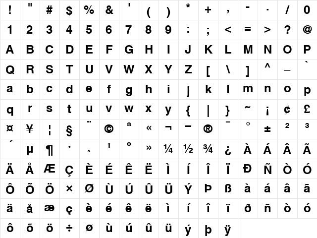 Helvetica-Narrow Bold Character Map