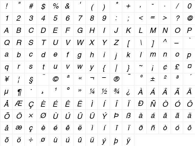Helvetica-Narrow RomanItalic Character Map