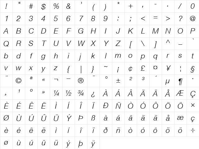 Helvetica46-Light LightItalic Character Map Helvetica46-Light LightItalic Character Map