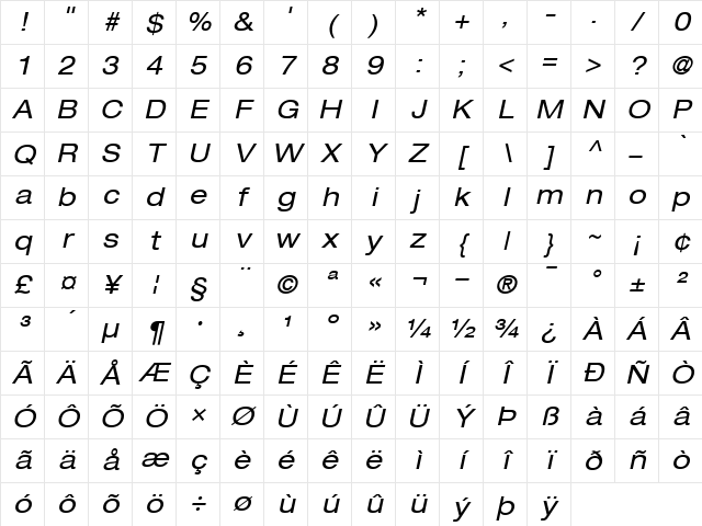 Helvetica53-Extended RomanItalic Character Map
